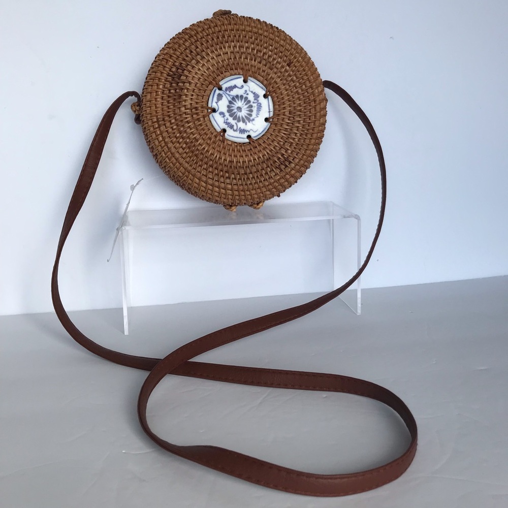 Rattan Round Bag Shoulder Strap Purse Crossbody Ceramic Tile Boho Chic Vacation